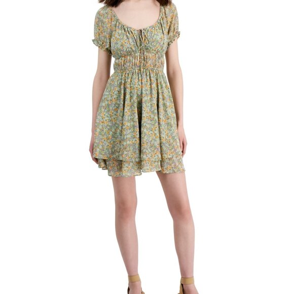 Self-Esteem Juniors' Short-Sleeve Peasant Mini Dress - Fresh Sage - Picture 1 of 6